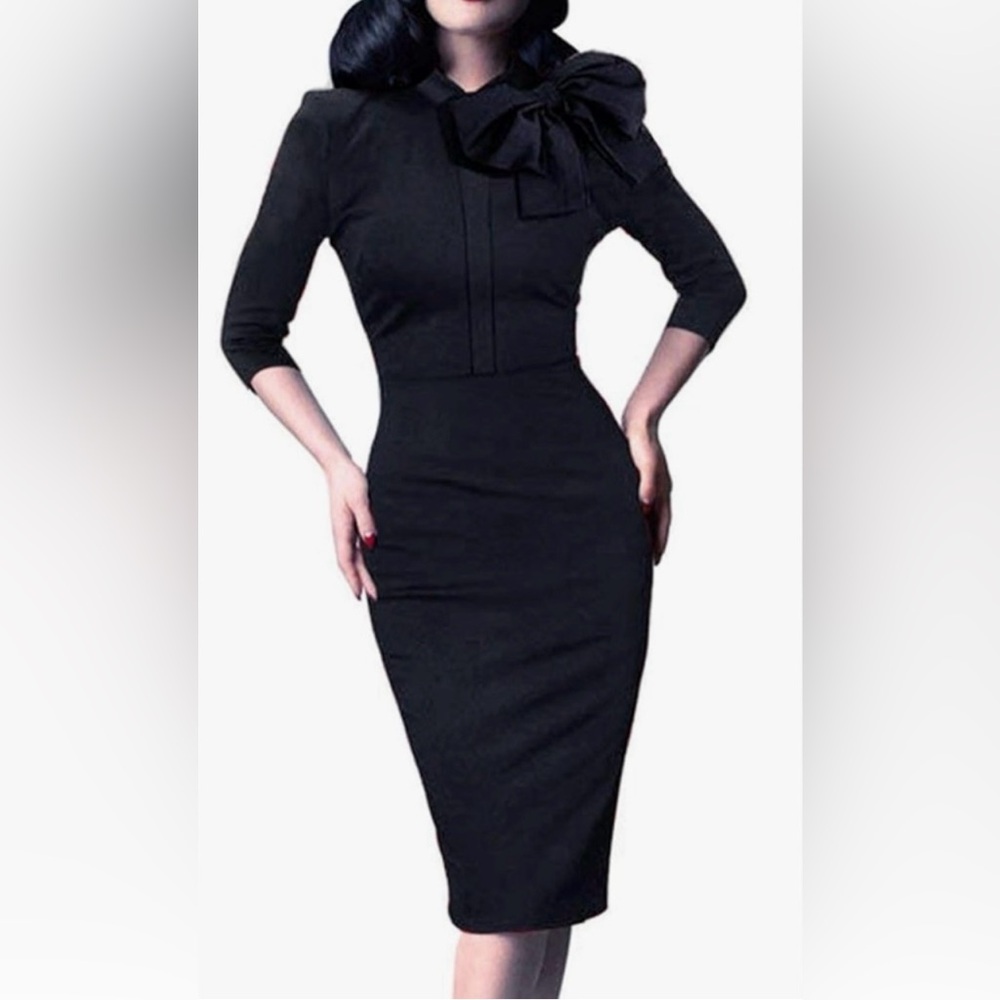 Homeyee Women’s Vintage Bowknot 3/4 Sleeves Black Party Dress Size S / 4 - Picture 3 of 9